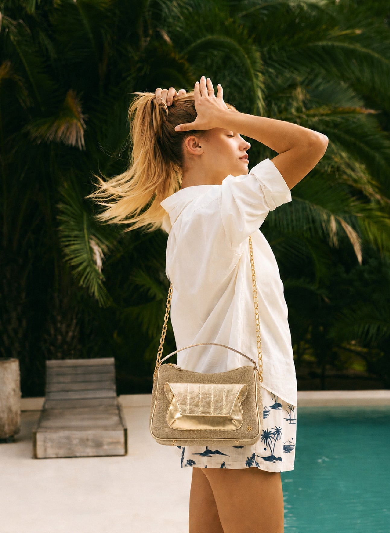 cross body bag hands free casual chic light beige and gold toned leather and canvas bag