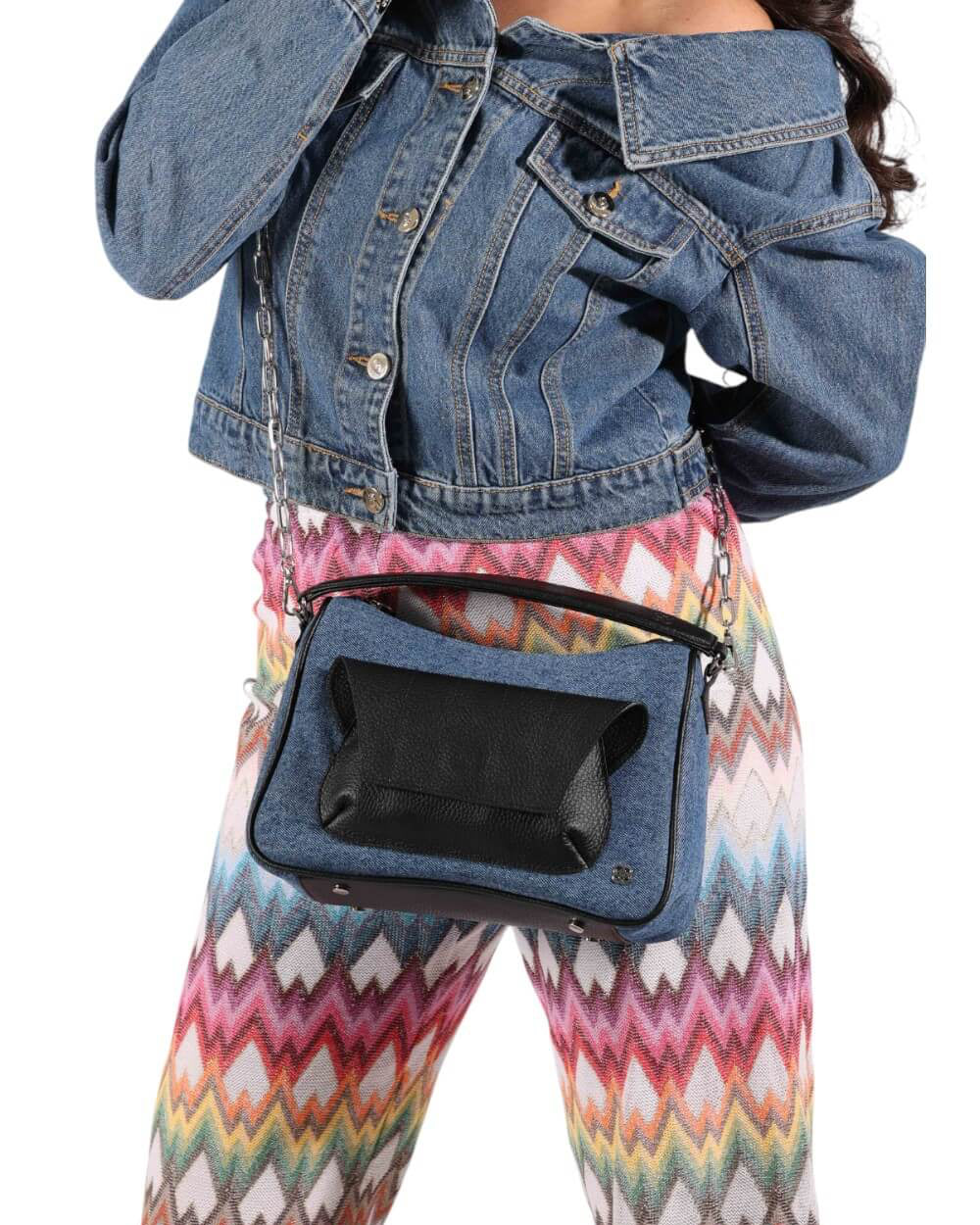 blue denim with black leather outer pocket cross body bag for every day