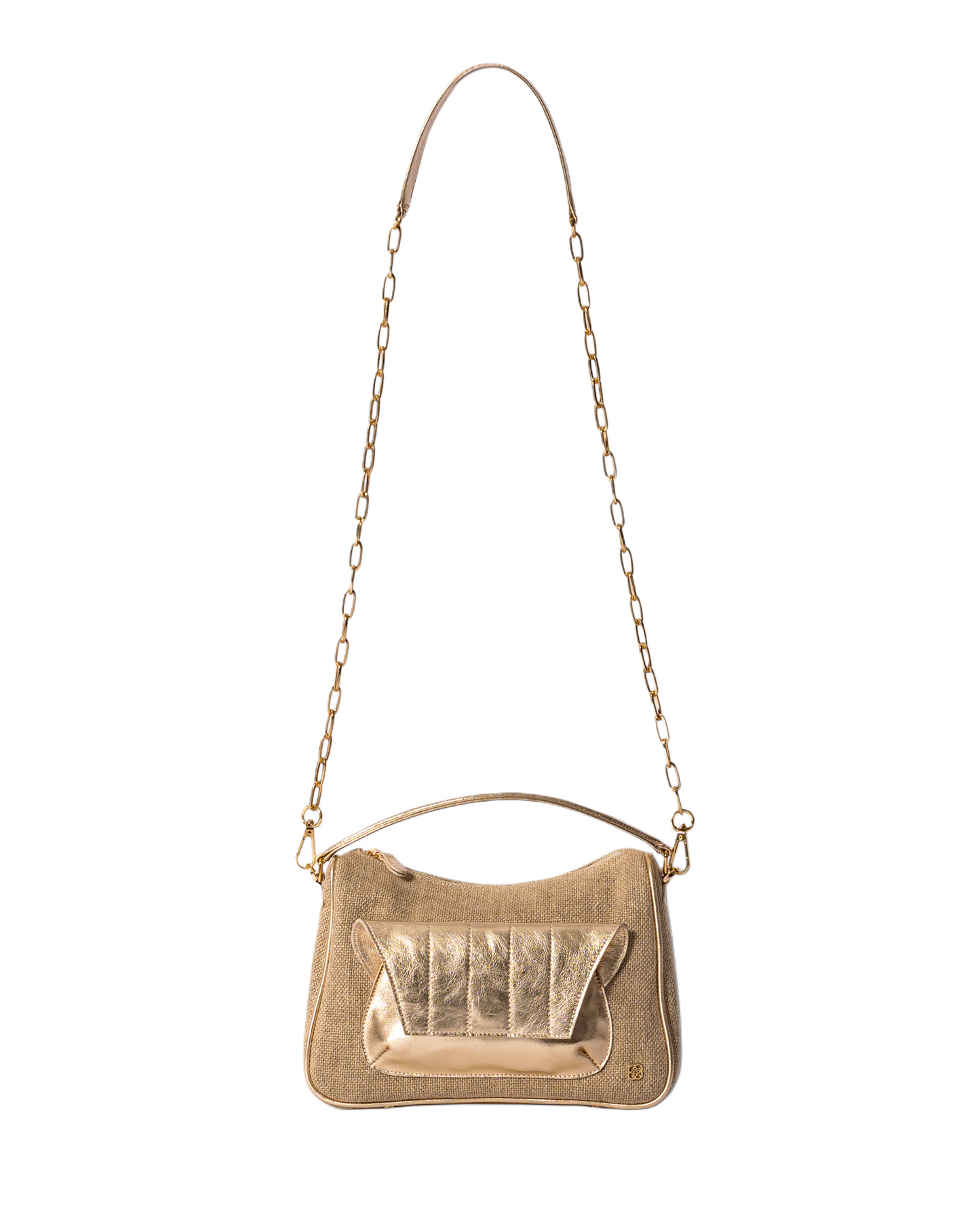 Beige Canvas with light gold toned leather cross body bag with top handle and outer front pocket and zipper pocket in the back. fits all your essentials for everyday casual look