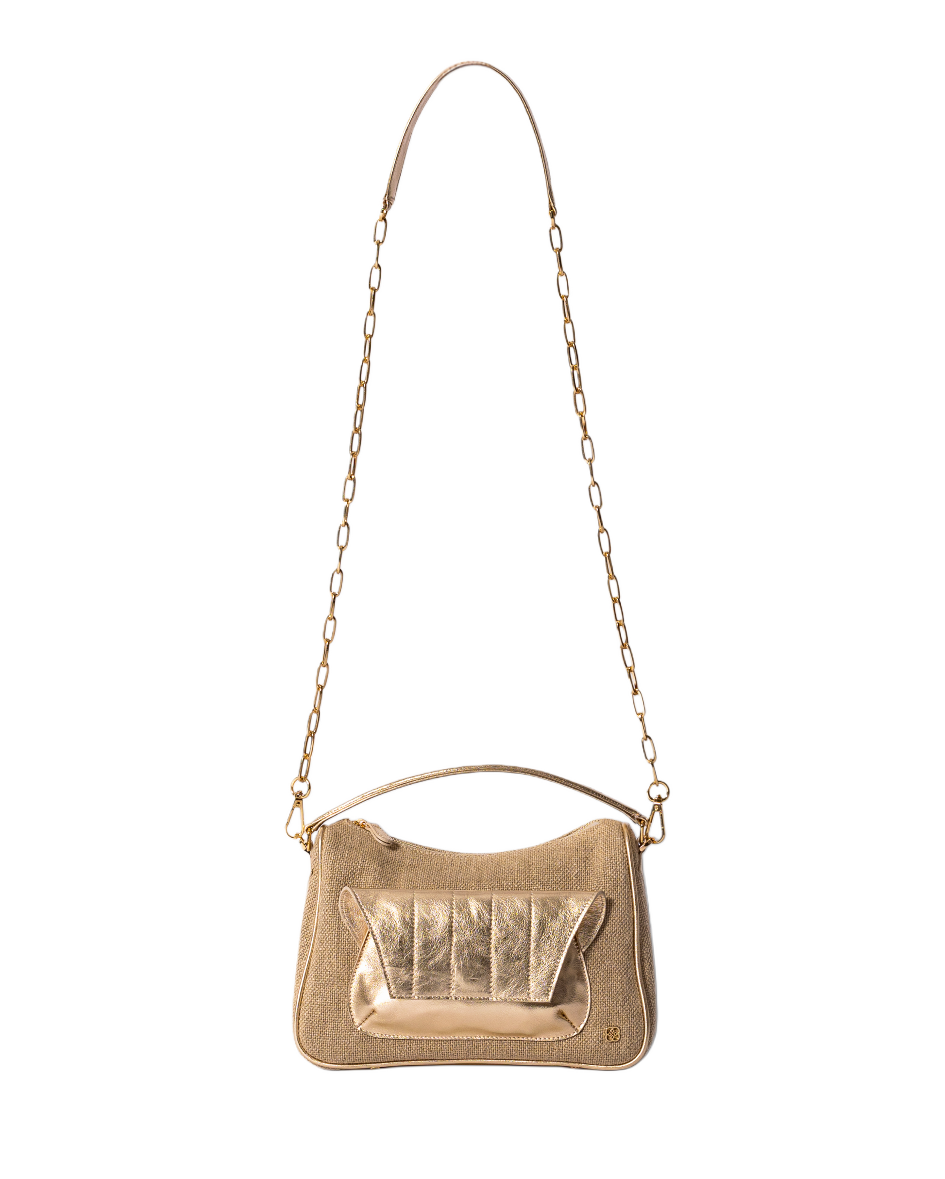 Beige Canvas with light gold toned leather cross body bag with top handle and outer front pocket and zipper pocket in the back. fits all your essentials for everyday casual look