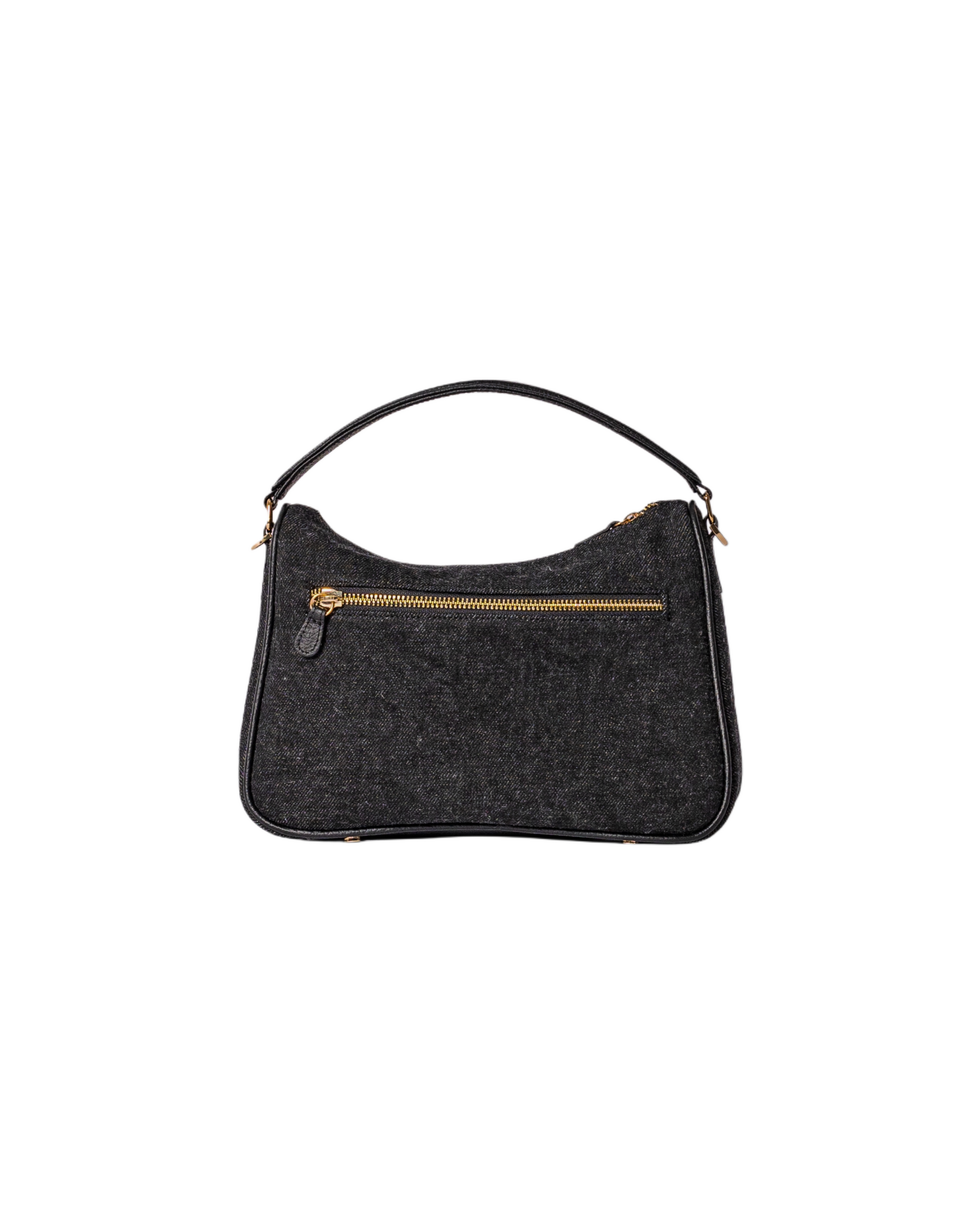 Black denim and leather cross body bag with top handle and outer front pocket and zipper pocket in the back. fits all your essentials for everyday casual look