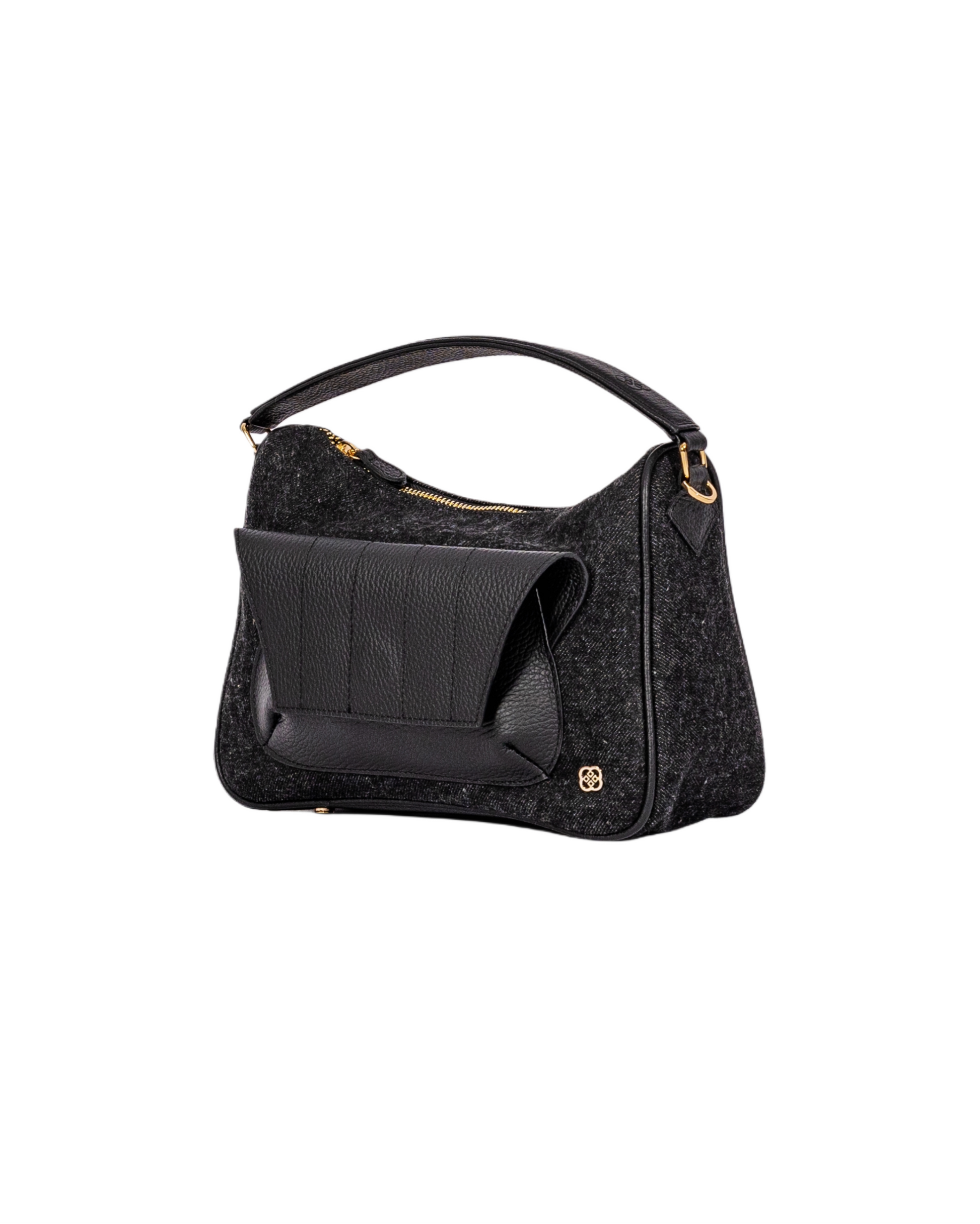 Black denim and leather cross body bag with top handle and outer front pocket and zipper pocket in the back. fits all your essentials for everyday casual look