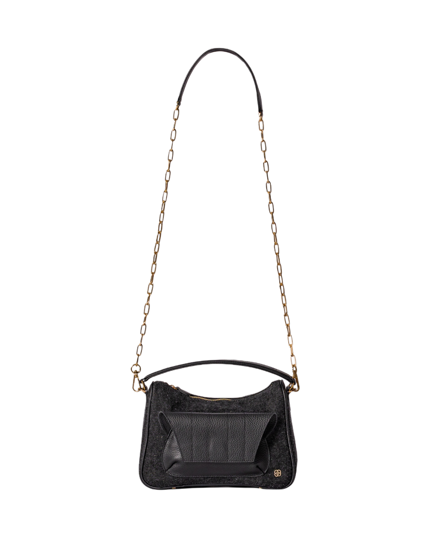 Black denim and leather cross body bag with top handle and outer front pocket and zipper pocket in the back. fits all your essentials for everyday casual look