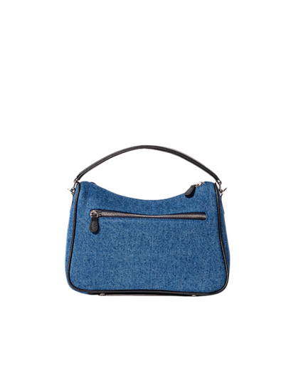 blue denim and black leather cross body bag with top handle and outer front pocket and zipper pocket in the back. fits all your essentials for everyday casual look