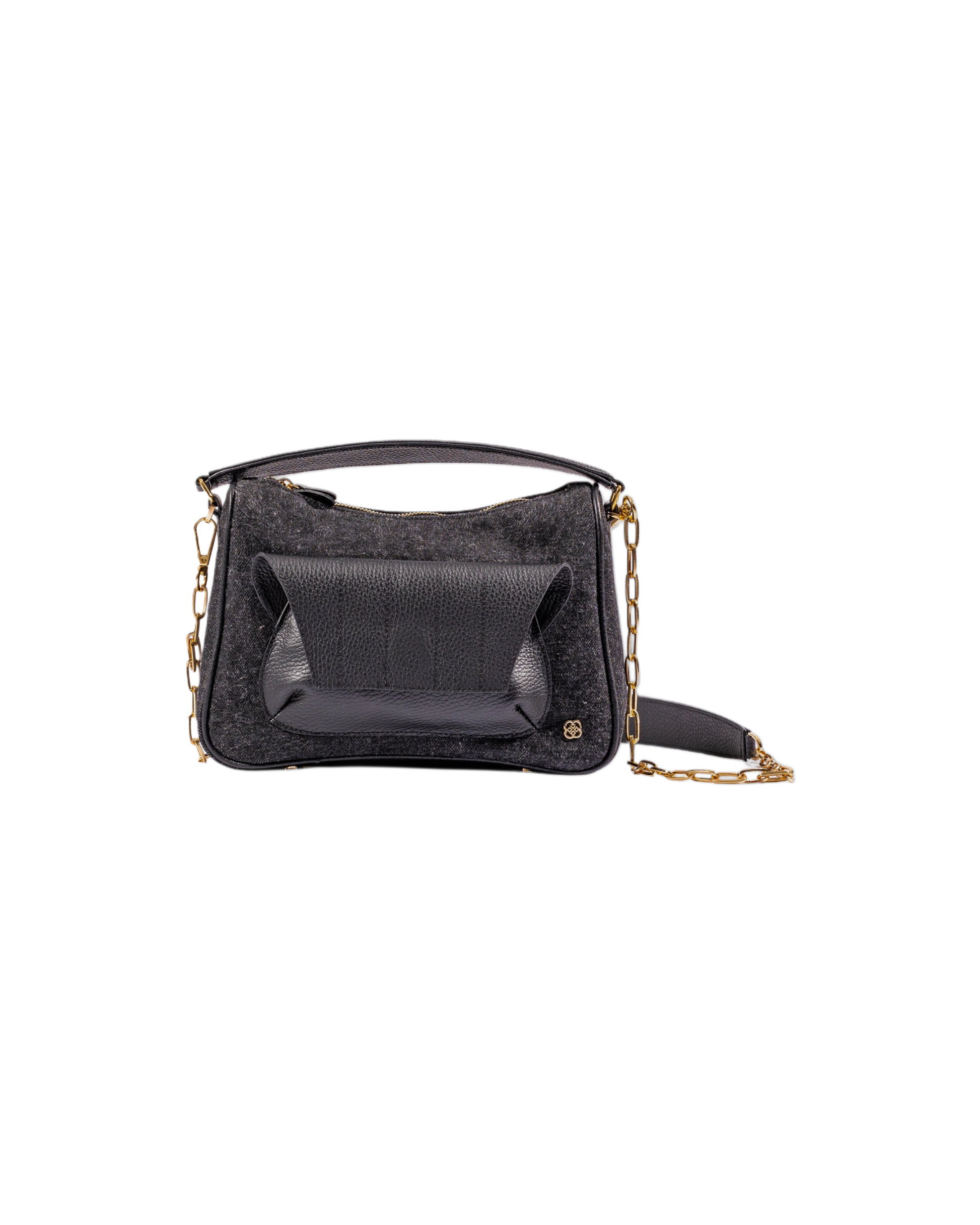Black denim and leather cross body bag with top handle and outer front pocket and zipper pocket in the back. fits all your essentials for everyday casual look