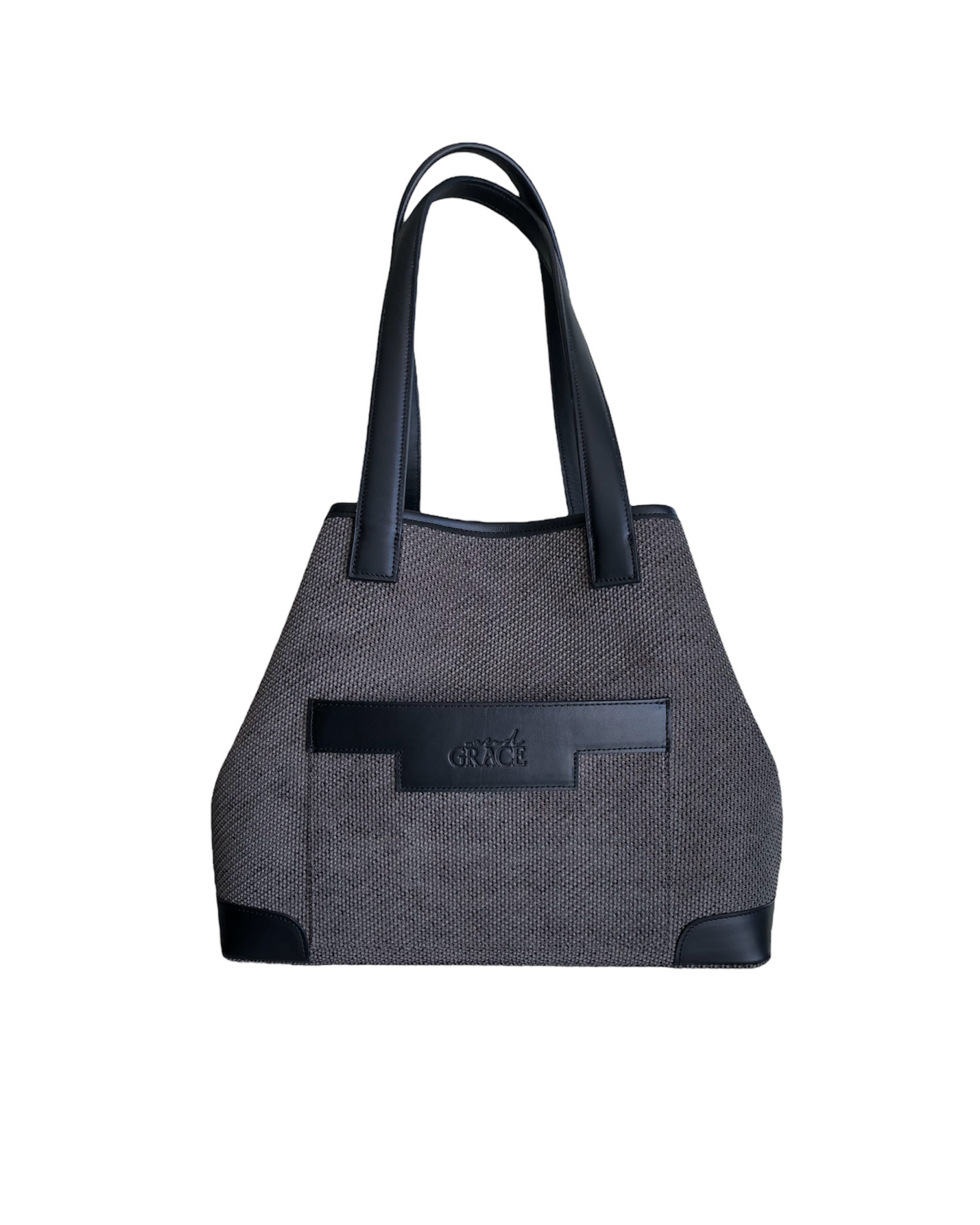 Gray green tote bag with black accents on a white background
