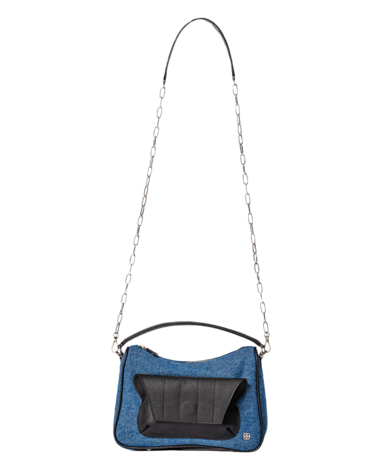 blue denim and black leather cross body bag with top handle and outer front pocket and zipper pocket in the back. fits all your essentials for everyday casual look