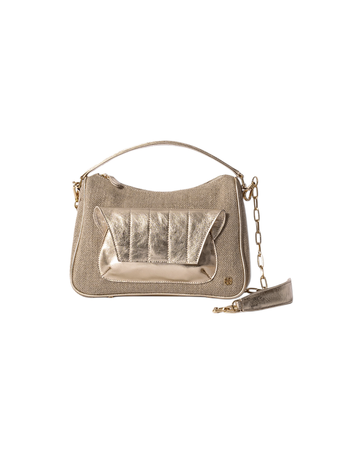 Beige Canvas with light gold toned leather cross body bag with top handle and outer front pocket and zipper pocket in the back. fits all your essentials for everyday casual look