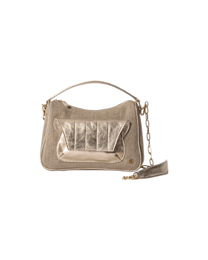 Beige Canvas with light gold toned leather cross body bag with top handle and outer front pocket and zipper pocket in the back. fits all your essentials for everyday casual look