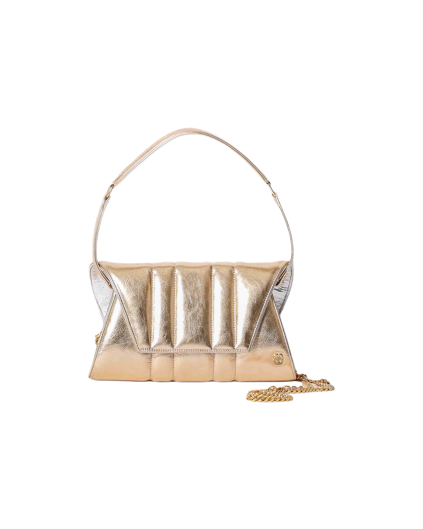 padded gold leather clutch in a trendy shape with leather detachable top handle and an additional gold chain for crossbody wearing