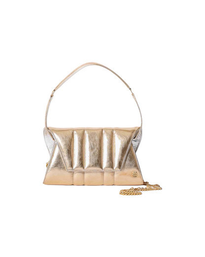 padded gold leather clutch in a trendy shape with leather detachable top handle and an additional gold chain for crossbody wearing
