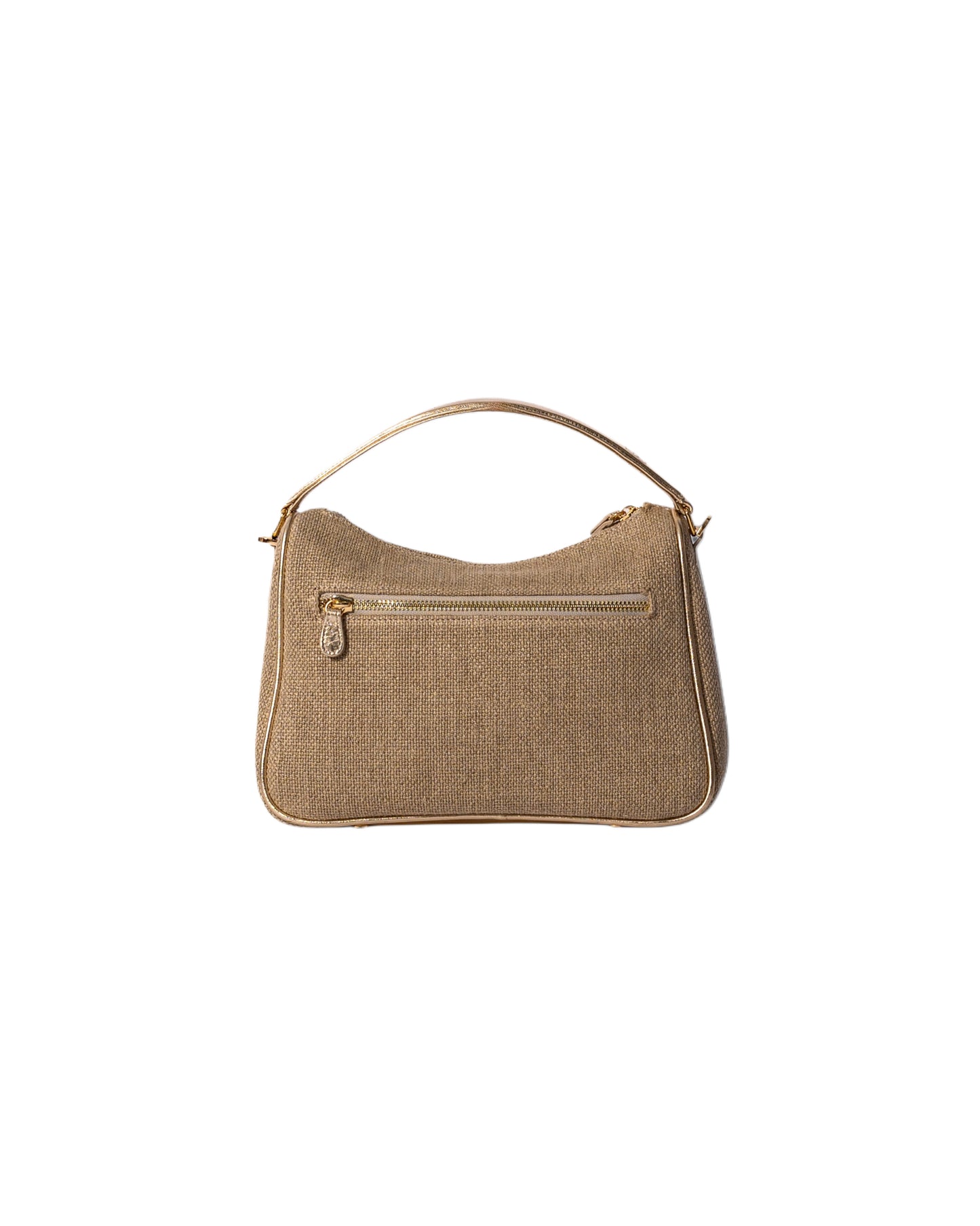 Beige Canvas with light gold toned leather cross body bag with top handle and outer front pocket and zipper pocket in the back. fits all your essentials for everyday casual look